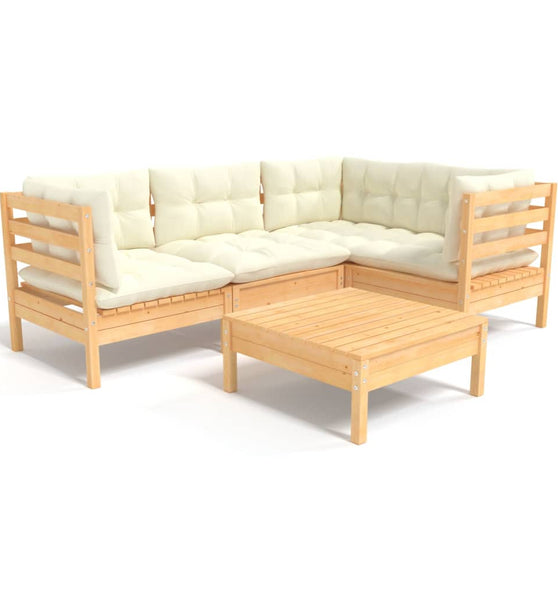 5-tlg. Garten-Lounge-Set mit Creme Kissen Kiefernholz