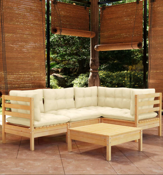 5-tlg. Garten-Lounge-Set mit Creme Kissen Kiefernholz