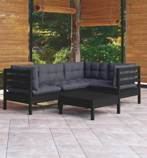 5-tlg. Garten-Lounge-Set mit Kissen Schwarz Kiefernholz