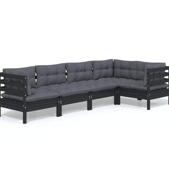 5-tlg. Garten-Lounge-Set mit Kissen Schwarz Kiefernholz