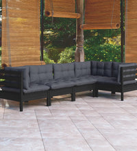 5-tlg. Garten-Lounge-Set mit Kissen Schwarz Kiefernholz