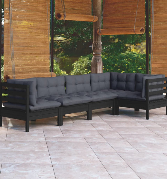 5-tlg. Garten-Lounge-Set mit Kissen Schwarz Kiefernholz