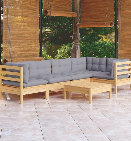 6-tlg. Garten-Lounge-Set mit Grauen Kissen Kiefernholz