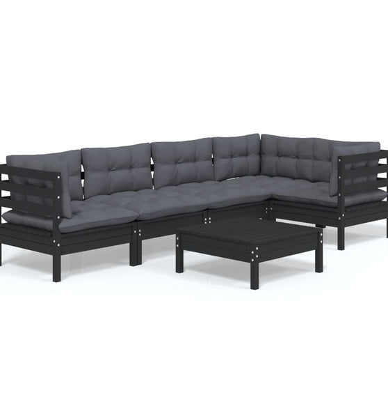 6-tlg. Garten-Lounge-Set mit Kissen Schwarz Kiefernholz