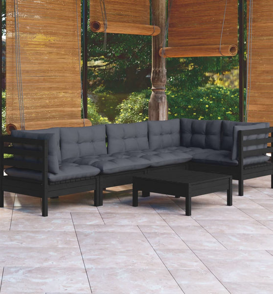 6-tlg. Garten-Lounge-Set mit Kissen Schwarz Kiefernholz