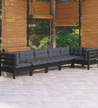 6-tlg. Garten-Lounge-Set mit Kissen Schwarz Kiefernholz