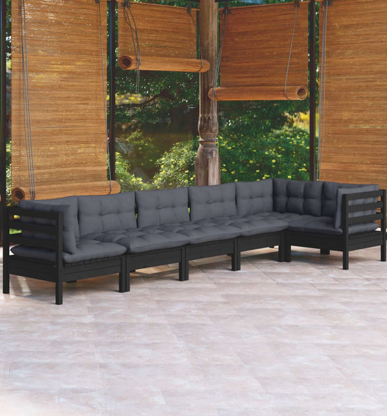 6-tlg. Garten-Lounge-Set mit Kissen Schwarz Kiefernholz