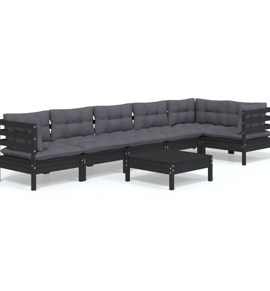 7-tlg. Garten-Lounge-Set mit Kissen Schwarz Kiefernholz