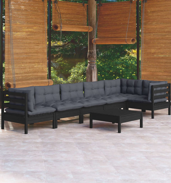 7-tlg. Garten-Lounge-Set mit Kissen Schwarz Kiefernholz