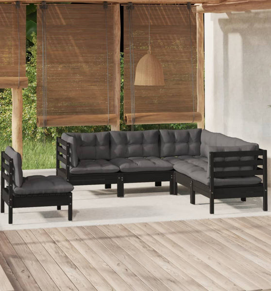 5-tlg. Garten-Lounge-Set mit Kissen Schwarz Kiefernholz