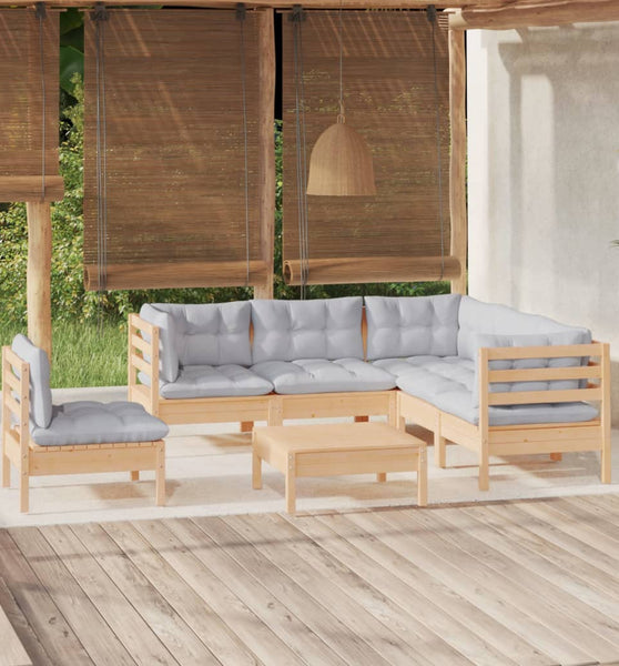 6-tlg. Garten-Lounge-Set mit Grauen Kissen Kiefernholz