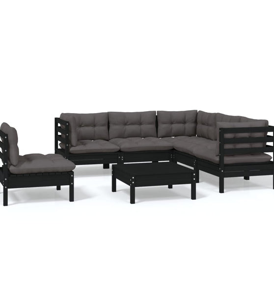 6-tlg. Garten-Lounge-Set mit Kissen Schwarz Kiefernholz