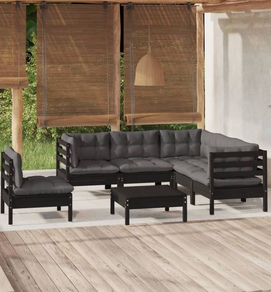 6-tlg. Garten-Lounge-Set mit Kissen Schwarz Kiefernholz