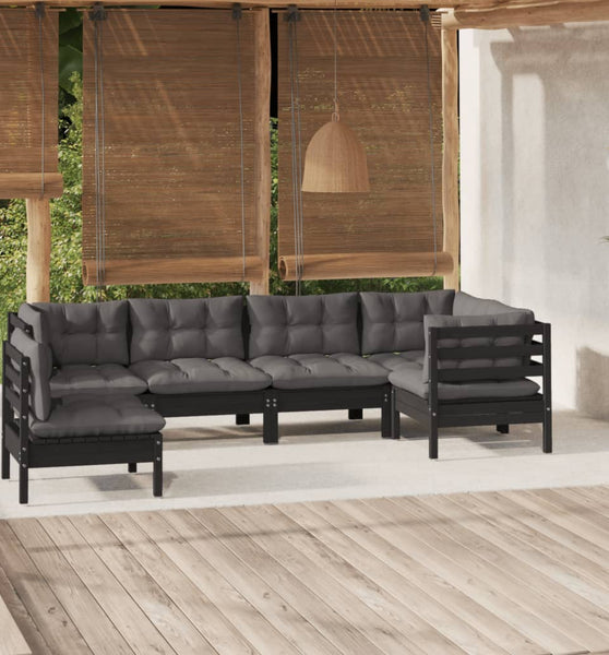 6-tlg. Garten-Lounge-Set mit Kissen Schwarz Kiefernholz