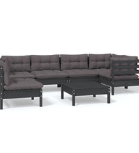 7-tlg. Garten-Lounge-Set mit Kissen Schwarz Kiefernholz