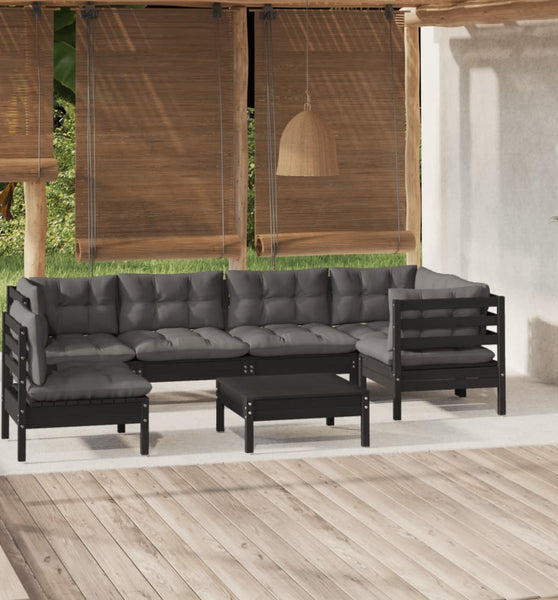 7-tlg. Garten-Lounge-Set mit Kissen Schwarz Kiefernholz