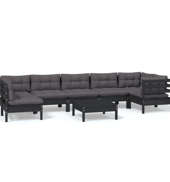 8-tlg. Garten-Lounge-Set mit Kissen Schwarz Kiefernholz