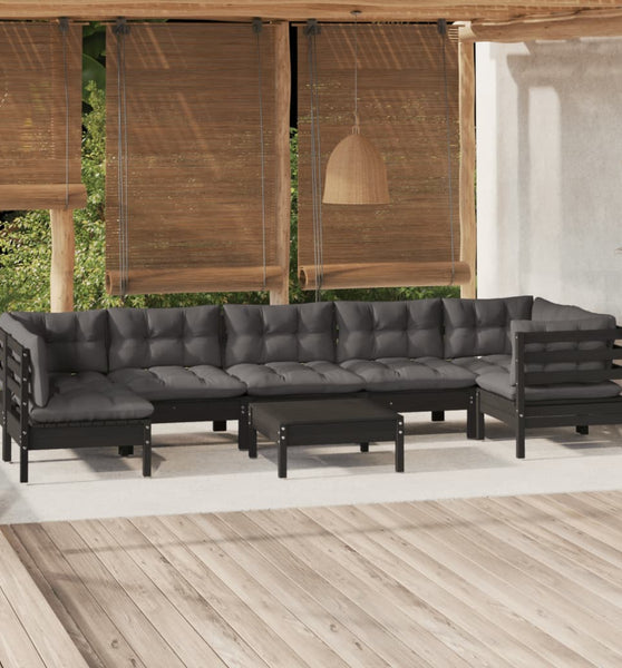 8-tlg. Garten-Lounge-Set mit Kissen Schwarz Kiefernholz