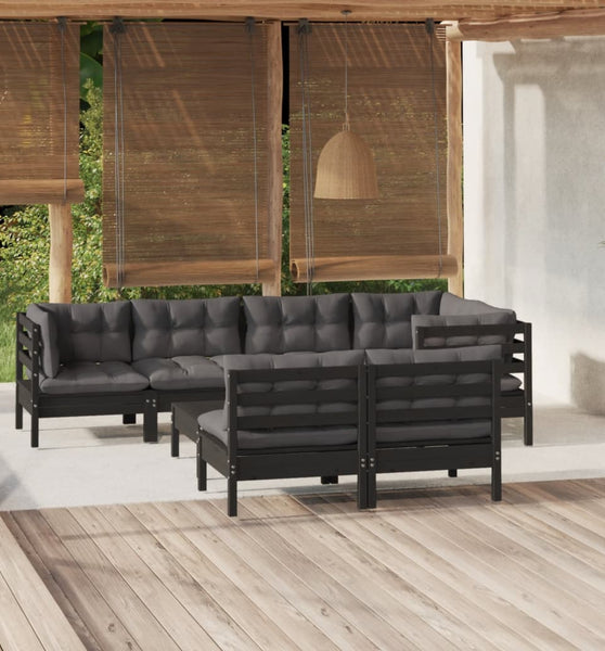 8-tlg. Garten-Lounge-Set mit Kissen Schwarz Massivholz Kiefer