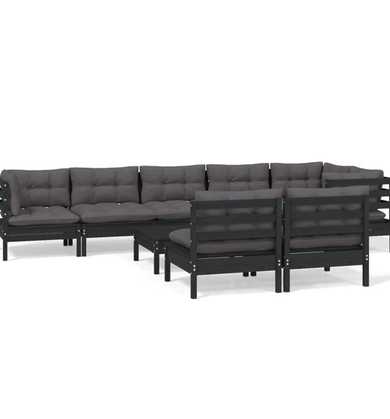 9-tlg. Garten-Lounge-Set mit Kissen Schwarz Massivholz Kiefer