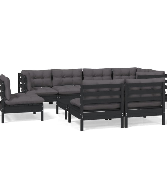 9-tlg. Garten-Lounge-Set mit Kissen Schwarz Massivholz Kiefer