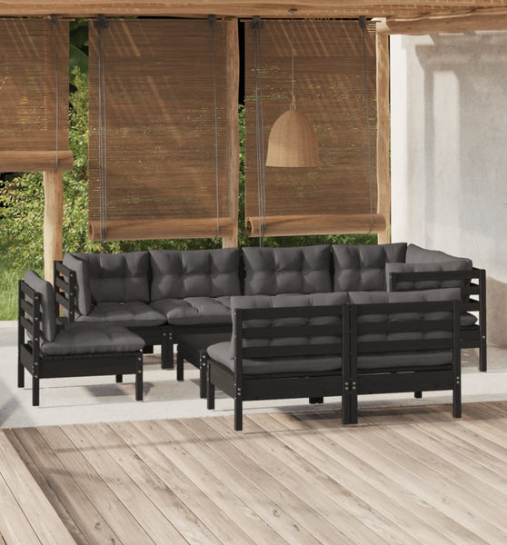 9-tlg. Garten-Lounge-Set mit Kissen Schwarz Massivholz Kiefer