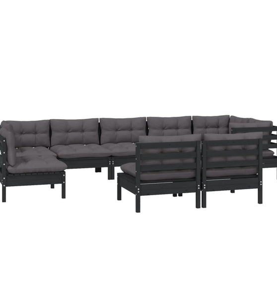 9-tlg. Garten-Lounge-Set mit Kissen Schwarz Massivholz Kiefer