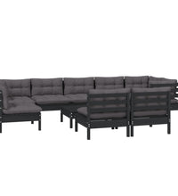 10-tlg. Garten-Lounge-Set mit Kissen Schwarz Massivholz Kiefer