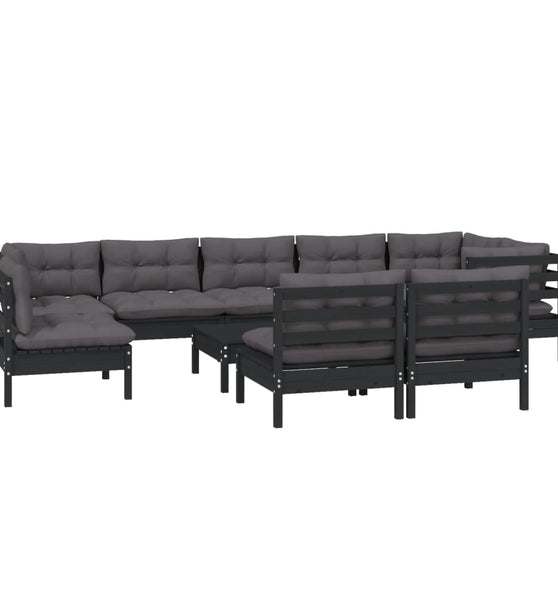 10-tlg. Garten-Lounge-Set mit Kissen Schwarz Massivholz Kiefer