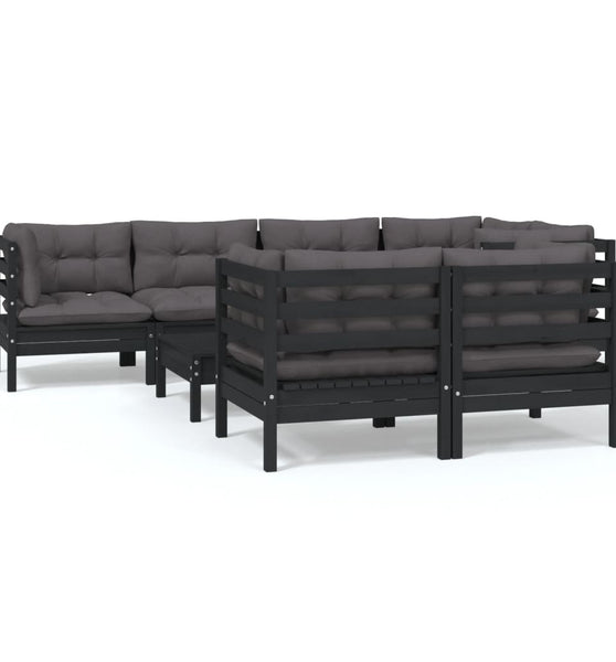 8-tlg. Garten-Lounge-Set mit Kissen Schwarz Massivholz Kiefer