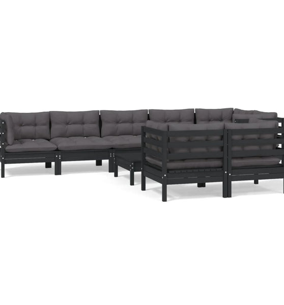 9-tlg. Garten-Lounge-Set mit Kissen Schwarz Massivholz Kiefer