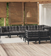 9-tlg. Garten-Lounge-Set mit Kissen Schwarz Massivholz Kiefer