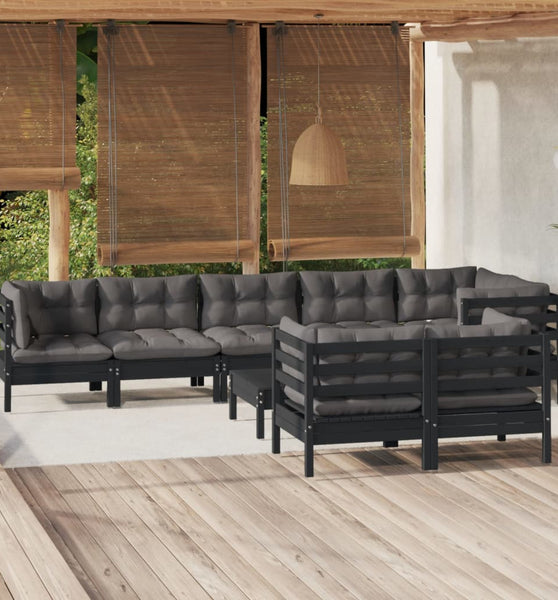 9-tlg. Garten-Lounge-Set mit Kissen Schwarz Massivholz Kiefer