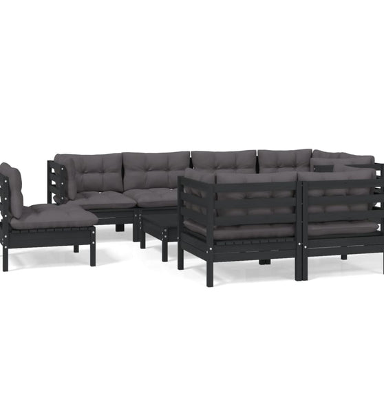 9-tlg. Garten-Lounge-Set mit Kissen Schwarz Massivholz Kiefer