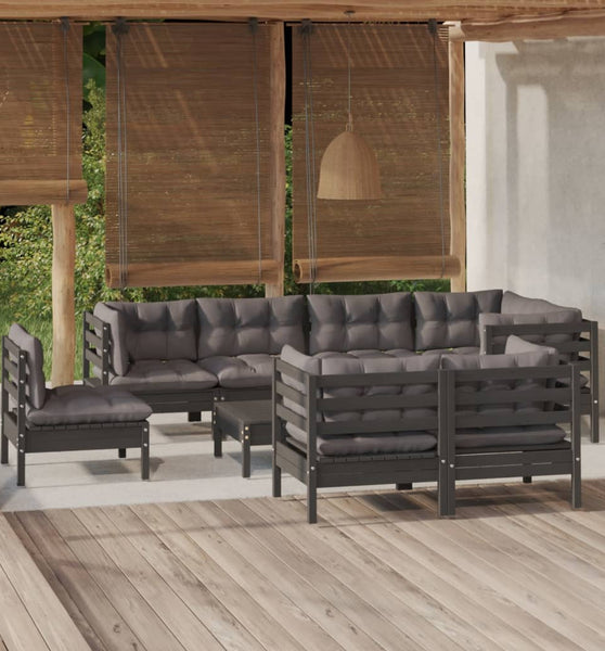 9-tlg. Garten-Lounge-Set mit Kissen Schwarz Massivholz Kiefer