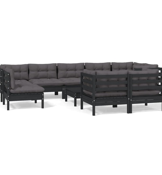 10-tlg. Garten-Lounge-Set mit Kissen Schwarz Massivholz Kiefer