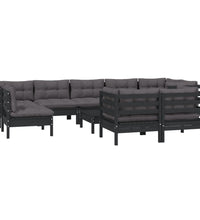 10-tlg. Garten-Lounge-Set mit Kissen Schwarz Massivholz Kiefer