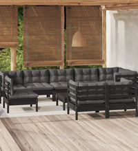 10-tlg. Garten-Lounge-Set mit Kissen Schwarz Massivholz Kiefer