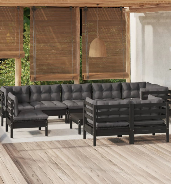 10-tlg. Garten-Lounge-Set mit Kissen Schwarz Massivholz Kiefer