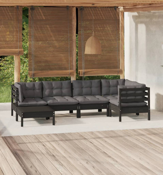 6-tlg. Garten-Lounge-Set mit Kissen Schwarz Massivholz Kiefer