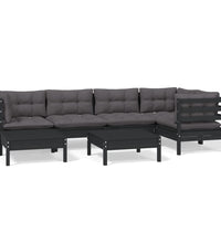 7-tlg. Garten-Lounge-Set mit Kissen Schwarz Kiefer Massivholz