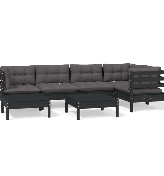 7-tlg. Garten-Lounge-Set mit Kissen Schwarz Kiefer Massivholz