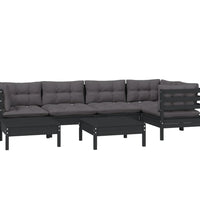 7-tlg. Garten-Lounge-Set mit Kissen Schwarz Kiefer Massivholz