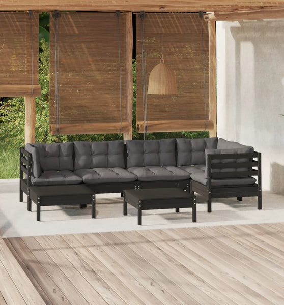 7-tlg. Garten-Lounge-Set mit Kissen Schwarz Kiefer Massivholz