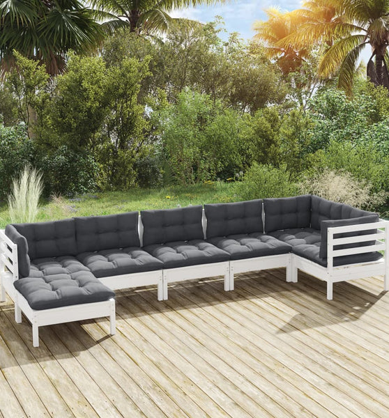 7-tlg. Garten-Lounge-Set mit Kissen Weiß Kiefer Massivholz