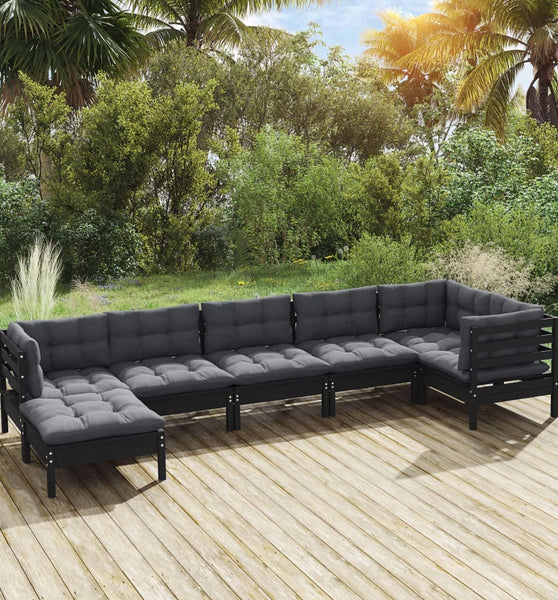 7-tlg. Garten-Lounge-Set mit Kissen Schwarz Massivholz Kiefer