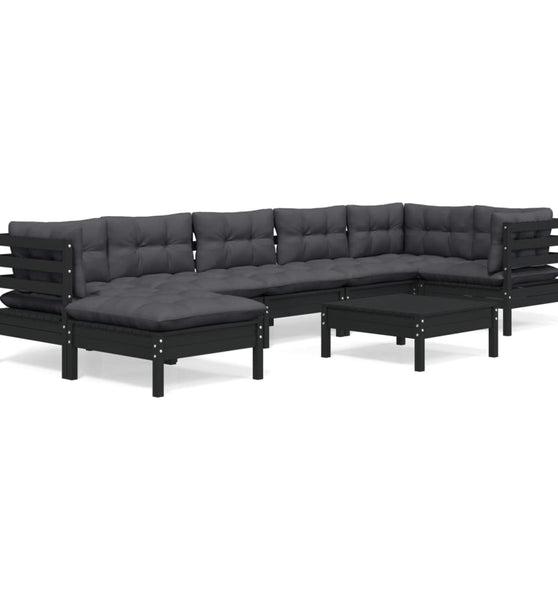 8-tlg. Garten-Lounge-Set mit Kissen Schwarz Kiefer Massivholz