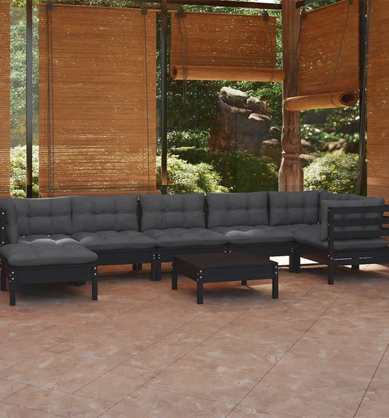 8-tlg. Garten-Lounge-Set mit Kissen Schwarz Kiefer Massivholz