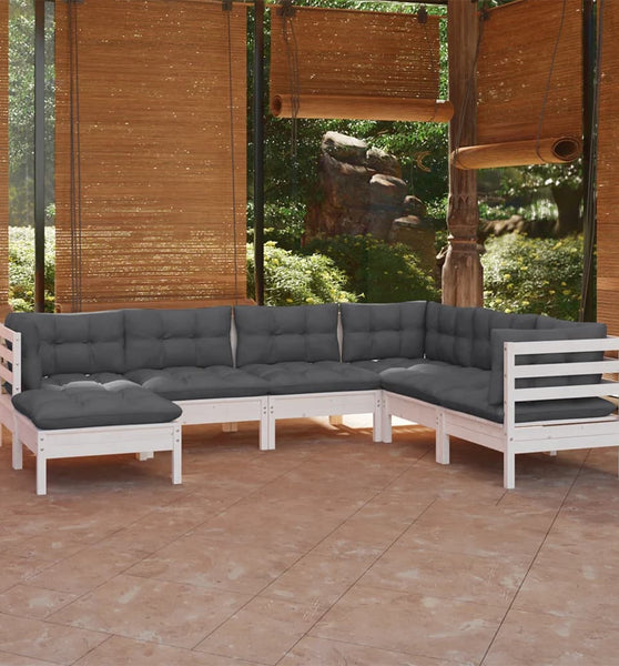 7-tlg. Garten-Lounge-Set mit Kissen Weiß Kiefer Massivholz