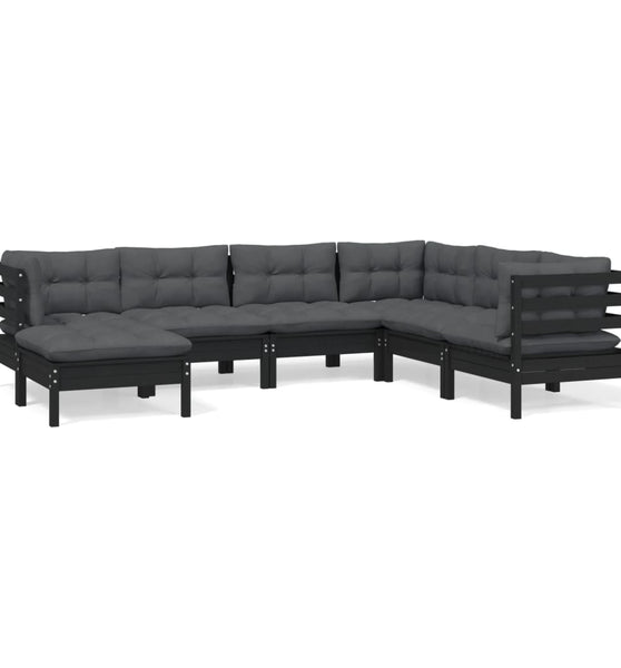 7-tlg. Garten-Lounge-Set mit Kissen Schwarz Massivholz Kiefer